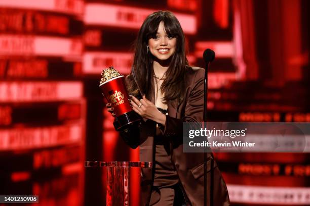 Jenna Ortega accepts the Most Frightened Performance Award onstage during the 2022 MTV Movie & TV Awards at Barker Hangar on June 05, 2022 in Santa...