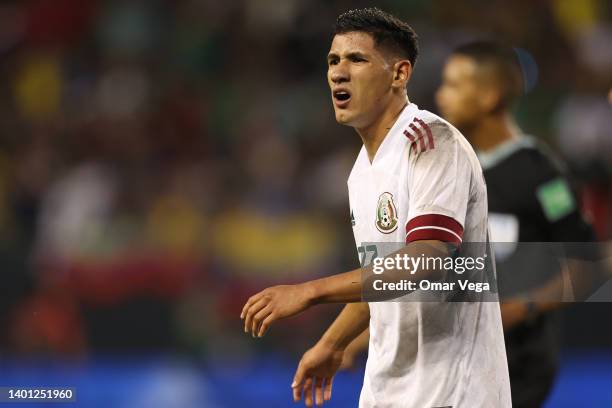 Uriel Antuna of Mexico gestures during the friendly match between Mexico and Ecuador at Soldier Field on June 5, 2022 in Chicago, Illinois.