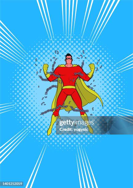 vector pop art superhero breaking chains stock illustration - break chain vector stock illustrations