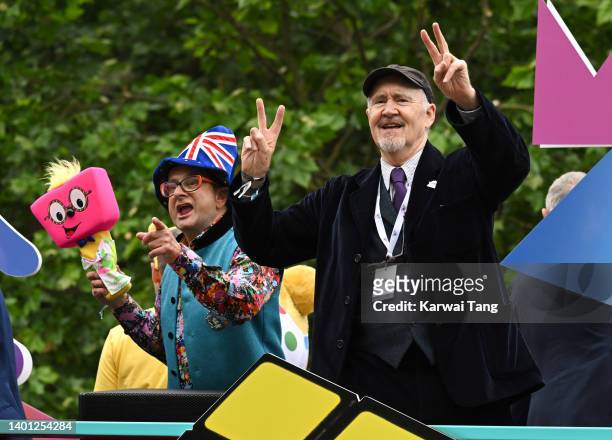Timmy Mallett and Nigel Planer during the Platinum Pageant on June 05, 2022 in London, England. The Platinum Jubilee of Elizabeth II is being...
