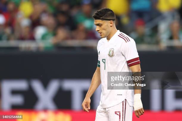 Raul Jimenez of Mexico reacts after missing a chance to score during the friendly match between Mexico and Ecuador at Soldier Field on June 5, 2022...