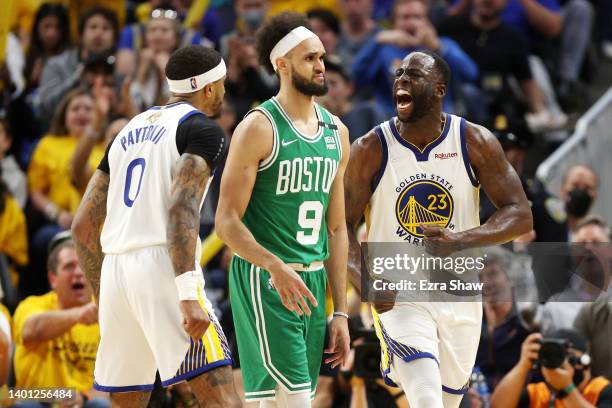 Draymond Green of the Golden State Warriors reacts during the third quarter against the Boston Celtics in Game Two of the 2022 NBA Finals at Chase...