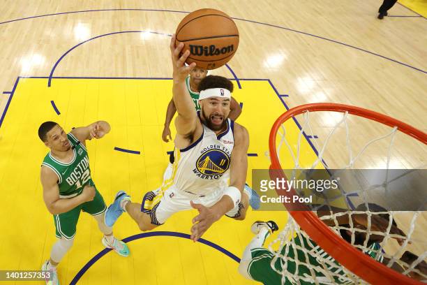 Klay Thompson of the Golden State Warriors shoots during the first quarter against the Boston Celtics in Game Two of the 2022 NBA Finals at Chase...