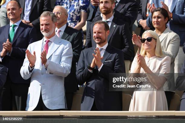 King Felipe VI of Spain, Haakon, Crown Prince of Norway, Mette-Marit, Crown Princess of Norway attend the men's final on day 15 of the French Open...