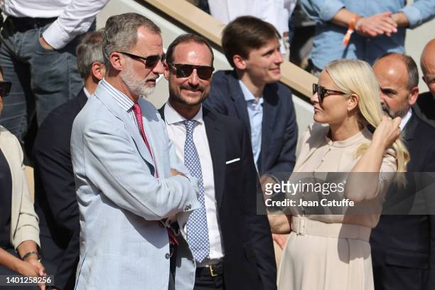 King Felipe VI of Spain, Haakon, Crown Prince of Norway, Mette-Marit, Crown Princess of Norway attend the men's final on day 15 of the French Open...