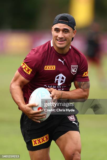 Valentine Holmes during a Queensland Maroons State of Origin training session at Sanctuary Cove on June 06, 2022 in Gold Coast, Australia.