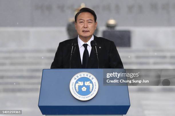 South Korean President Yoon Suk-yeol speaks during a ceremony marking Korean Memorial Day at the Seoul National cemetery on June 06, 2022 in Seoul,...