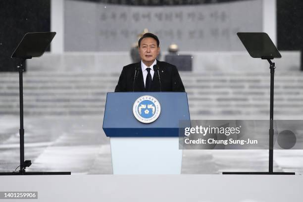 South Korean President Yoon Suk-yeol speaks during a ceremony marking Korean Memorial Day at the Seoul National cemetery on June 06, 2022 in Seoul,...