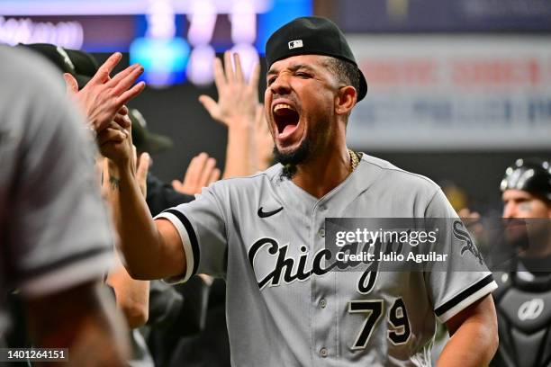 Jose Abreu of the Chicago White Sox celebrates with teammates after defeating the Tampa Bay Rays 3-2 at Tropicana Field on June 04, 2022 in St...