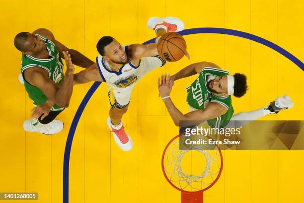 Stephen Curry of the Golden State Warriors shoots during the first half against the Boston Celtics in Game Two of the 2022 NBA Finals at Chase Center...