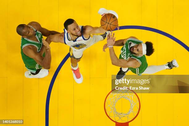 Stephen Curry of the Golden State Warriors shoots during the first half against the Boston Celtics in Game Two of the 2022 NBA Finals at Chase Center...