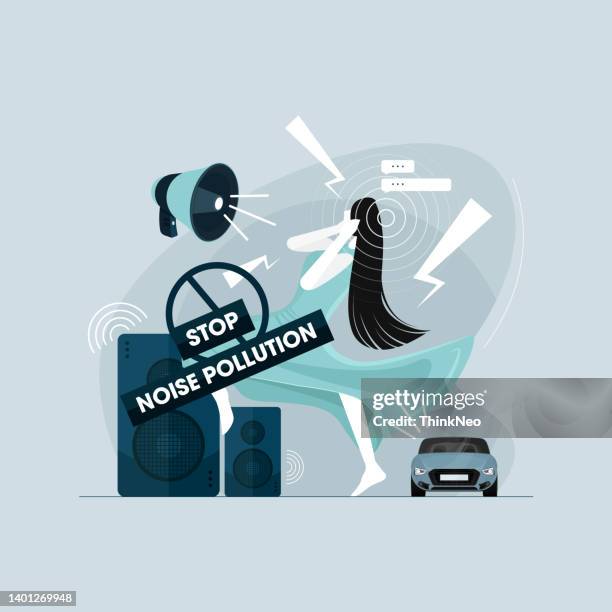human suffering of noise pollution, stop noise pollution - fingers in ears stock illustrations