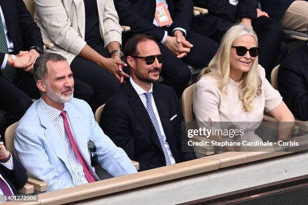 King of Spain Felipe VI, Mette-Marit, Crown Princess of Norway and Haakon and Crown Prince of Norway attend the Men's Singles Final match on Day 15...