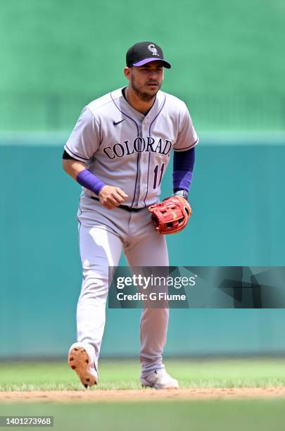 Jose Iglesias of the Colorado Rockies plays shortstop against the Washington Nationals during game one of a doubleheader at Nationals Park on May 28,...