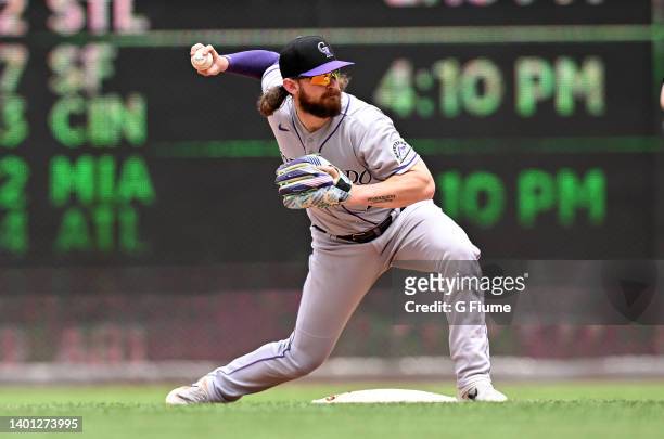 Brendan Rodgers of the Colorado Rockies throws the ball to first base against the Washington Nationals during game one of a doubleheader at Nationals...
