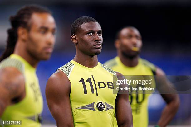 Defensive back Morris Claiborne of LSU waits for his turn to return punts during the 2012 NFL Combine at Lucas Oil Stadium on February 28, 2012 in...