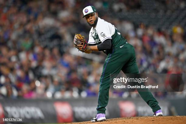 Alex Colome of the Colorado Rockies pitches against the Atlanta Braves at Coors Field on June 4, 2022 in Denver, Colorado. The Colorado Rockies...