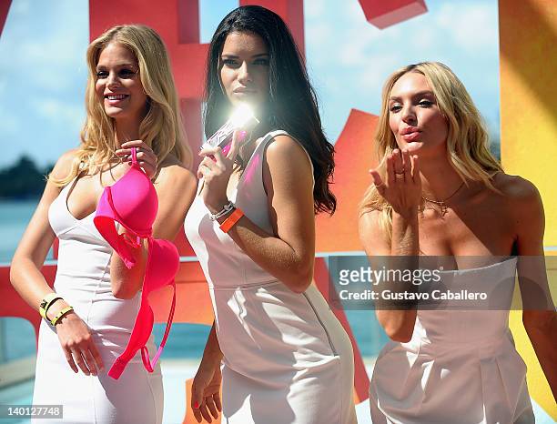 Erin Heatherton, Adriana Lima and Candice Swanepoel attends Victoria's Secret Angels Very Sexy Jet Tour at Mondrian Miami on February 28, 2012 in...