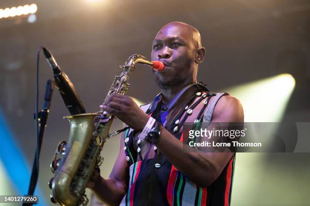 Seun Kuti of Seun Kuti and Egypt 80 perform during Cross The Tracks Festival 2022 at Brockwell Park on June 05, 2022 in London, England.