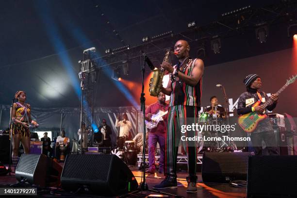 Seun Kuti of Seun Kuti and Egypt 80 perform during Cross The Tracks Festival 2022 at Brockwell Park on June 05, 2022 in London, England.