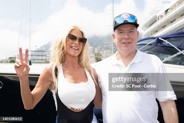 Victoria Silvstedt and Prince Albert II of Monaco attend the Riviera Water Bike Challenge 2022 & Cap Optimist on June 05, 2022 in Monte-Carlo, Monaco.