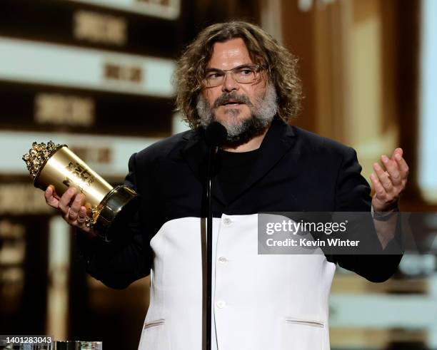 Jack Black accepts the Comedic Genius Award onstage at the 2022 MTV Movie & TV Awards at Barker Hangar on June 05, 2022 in Santa Monica, California.