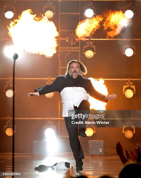 Jack Black accepts the Comedic Genius Award onstage at the 2022 MTV Movie & TV Awards at Barker Hangar on June 05, 2022 in Santa Monica, California.