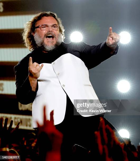 Jack Black accepts the Comedic Genius Award onstage at the 2022 MTV Movie & TV Awards at Barker Hangar on June 05, 2022 in Santa Monica, California.