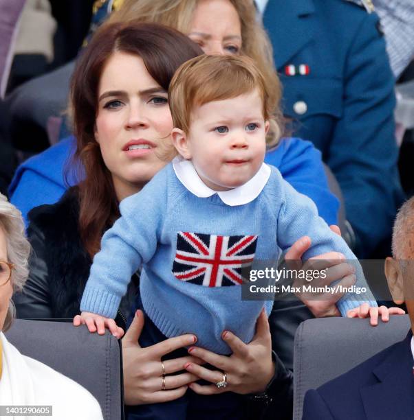 Princess Eugenie and son August Brooksbank attend the Platinum Pageant on The Mall on June 5, 2022 in London, England. The Platinum Jubilee of...