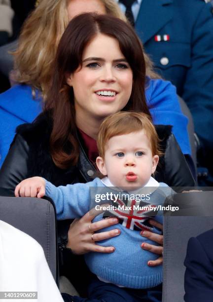 Princess Eugenie and son August Brooksbank attend the Platinum Pageant on The Mall on June 5, 2022 in London, England. The Platinum Jubilee of...