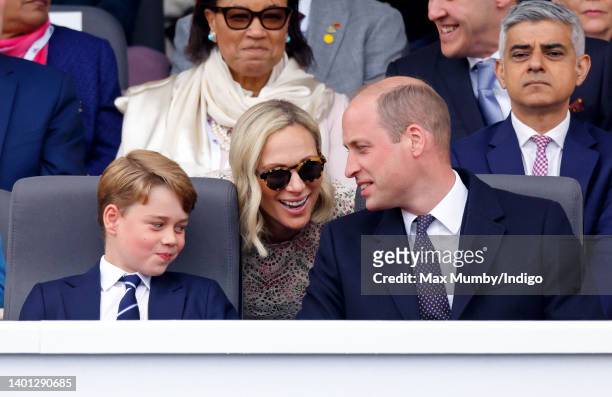 Prince George of Cambridge, Zara Tindall and Prince William, Duke of Cambridge attend the Platinum Pageant on The Mall on June 5, 2022 in London,...