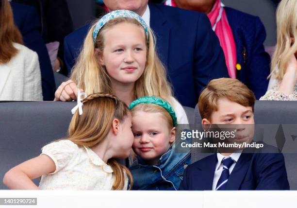 Savannah Phillips , Princess Charlotte of Cambridge, Lena Tindall and Prince George of Cambridge attend the Platinum Pageant on The Mall on June 5,...