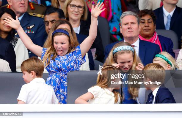 Prince Louis of Cambridge, Mia Tindall, Princess Charlotte of Cambridge, Savannah Phillips and Prince George of Cambridge attend the Platinum Pageant...