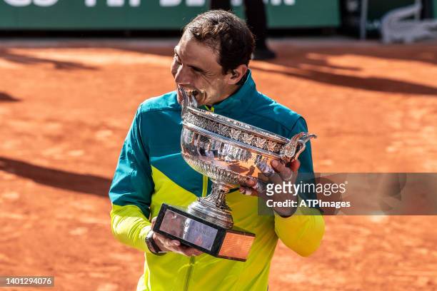 Winner Rafael Nadal of Spain celebrate the trophy ceremony of the men's final during day 15 of the French Open 2022, second tennis Grand Slam of the...