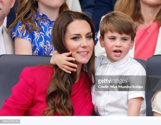 Catherine, Duchess of Cambridge and Prince Louis of Cambridge attend the Platinum Pageant on The Mall on June 5, 2022 in London, England. The...