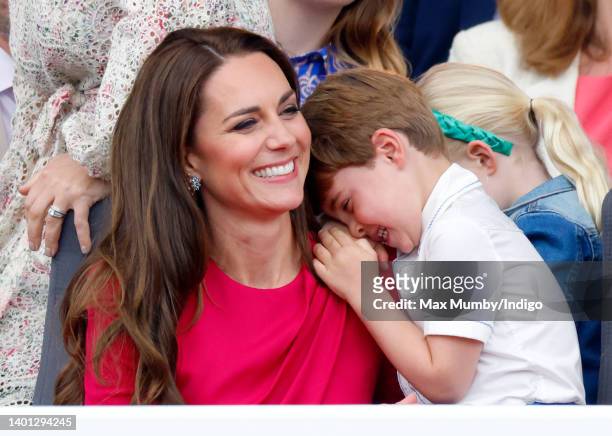 Catherine, Duchess of Cambridge and Prince Louis of Cambridge attend the Platinum Pageant on The Mall on June 5, 2022 in London, England. The...