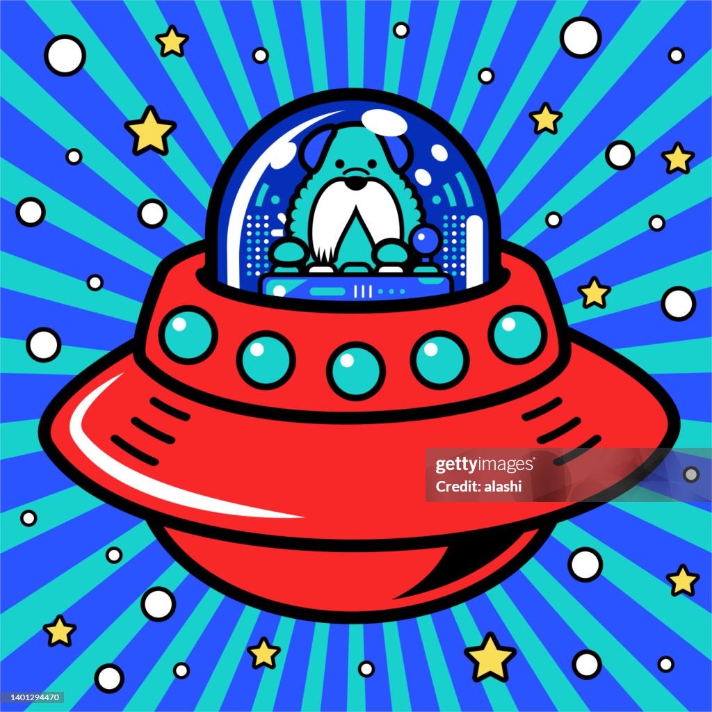 A senior dog astronaut is piloting an Unlimited Power Spaceship or UFO into the metaverse