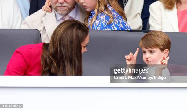 Catherine, Duchess of Cambridge and Prince Louis of Cambridge attend the Platinum Pageant on The Mall on June 5, 2022 in London, England. The...