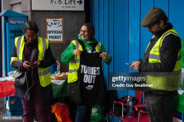 The picket line at Brixton Underground station during a strike by RMT London Underground workers against a proposal to cut six hundred jobs on June...