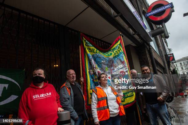 The picket line at London Bridge station during a strike by RMT London Underground workers against a proposal to cut six hundred jobs on June 6, 2022...