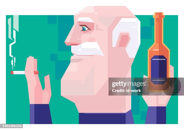 senior man drinking beer and smoking cigarette - man drinking alone stock illustrations
