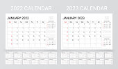 2022 2023 years calendar. Planner layout. Vector illustration. Table schedule grid.