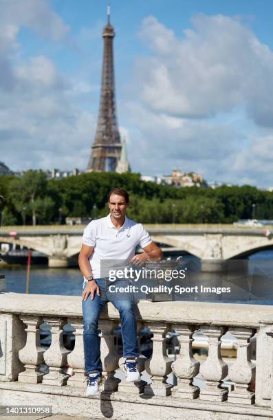 Rafael Nadal of Spain poses with the Musketeers trophy after winning in the Men's Singles Finals match against Casper Ruud of Norway of The 2022...