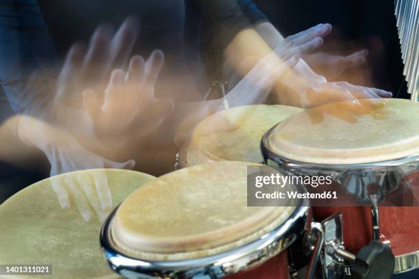 hands of woman playing bongo - bongo foto e immagini stock