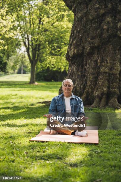 senior man with eyes closed meditating on exercise mat at park - senior yoga stock-fotos und bilder
