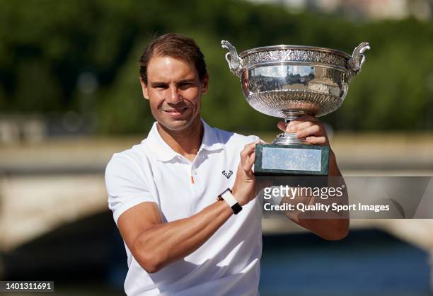 Rafael Nadal of Spain poses with the Musketeers trophy after winning in the Men's Singles Finals match against Casper Ruud of Norway of The 2022...
