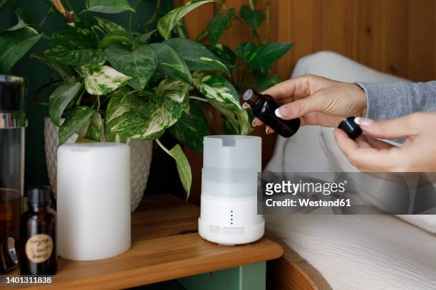 hand of woman pouring essential oil in air diffuser at home - essence 個照片及圖片檔