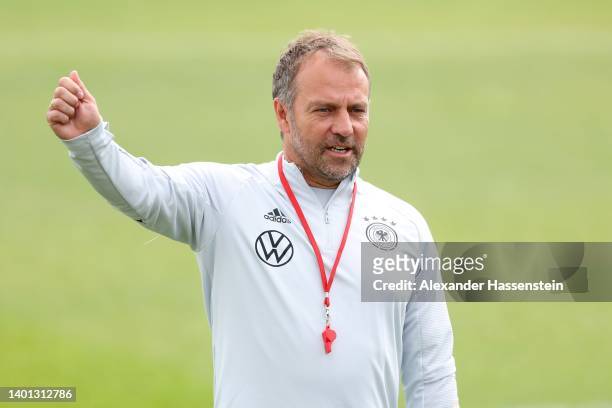 Head coach Hans-Dieter Flick reacts during a training session of the German national soccer team at Adi-Dassler-Stadion of adidas Herzo Base global...