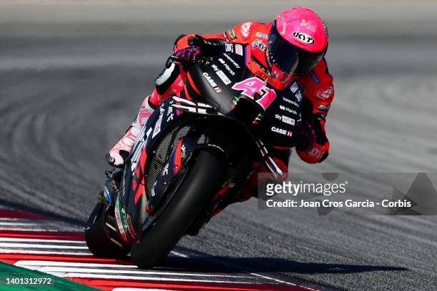 Aleix Espargaró of Spain and Aprilia Racing in action during the Moto GP of Catalunya at Circuit de Barcelona-Catalunya on June 5, 2022 in Barcelona,...
