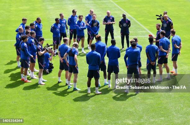 Players of England form a huddle during an England Training Session at FCB Campus on June 06, 2022 in Munich, Germany.